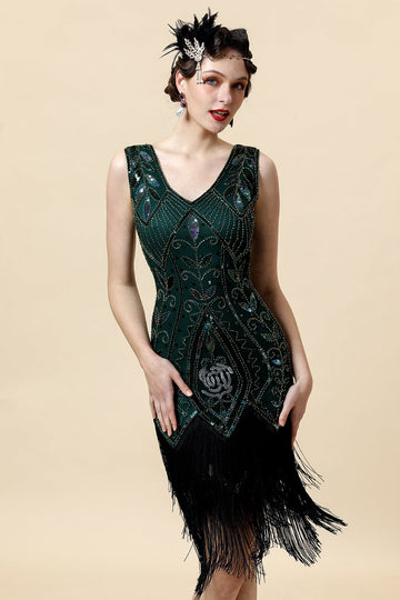 1920s Vestido Com Conjunto de Acessórios 20s Franjas Verde